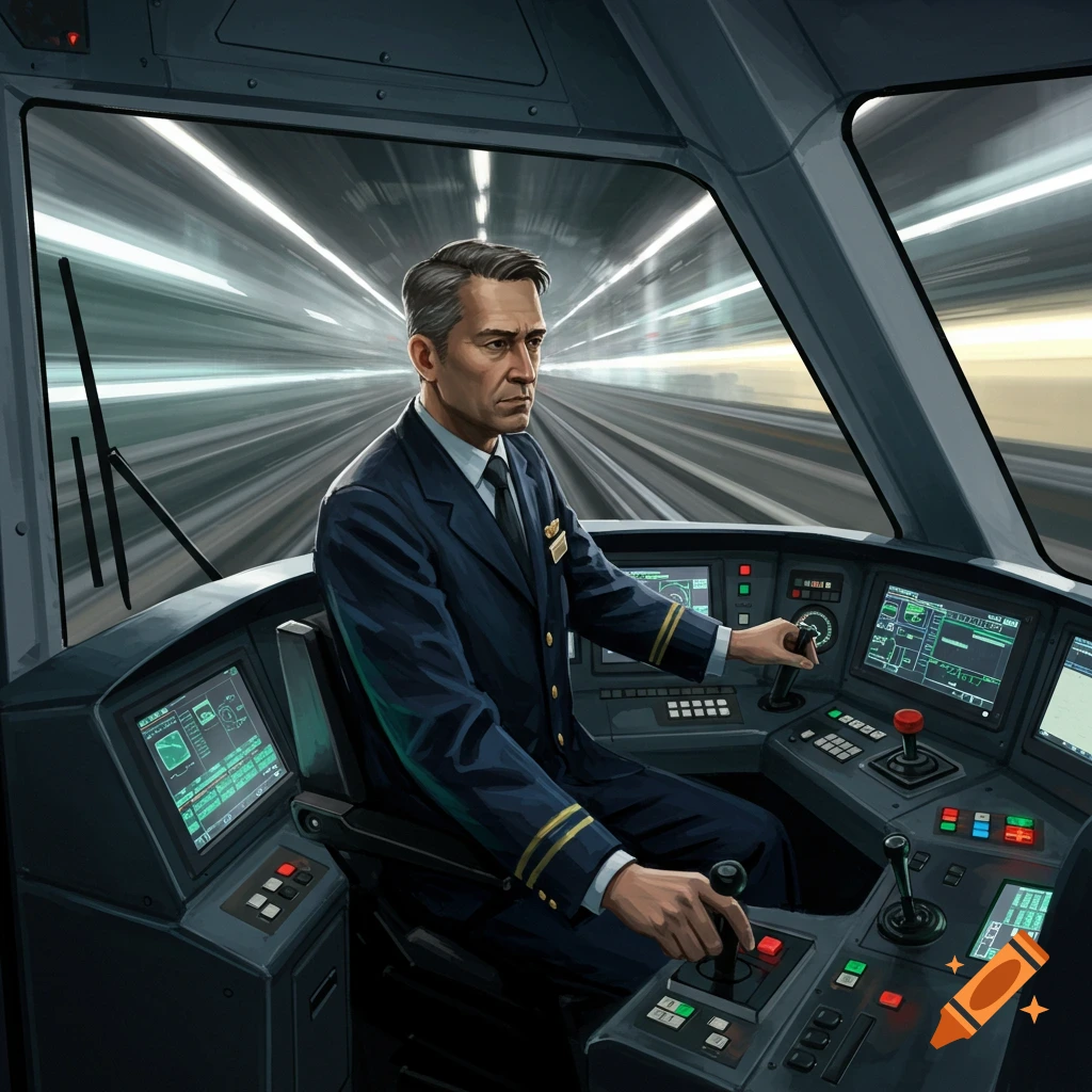 An illustrative depiction of a male train driver in a uniform, operating controls inside a high-speed train cockpit, with a blurred tunnel visible through the front window.