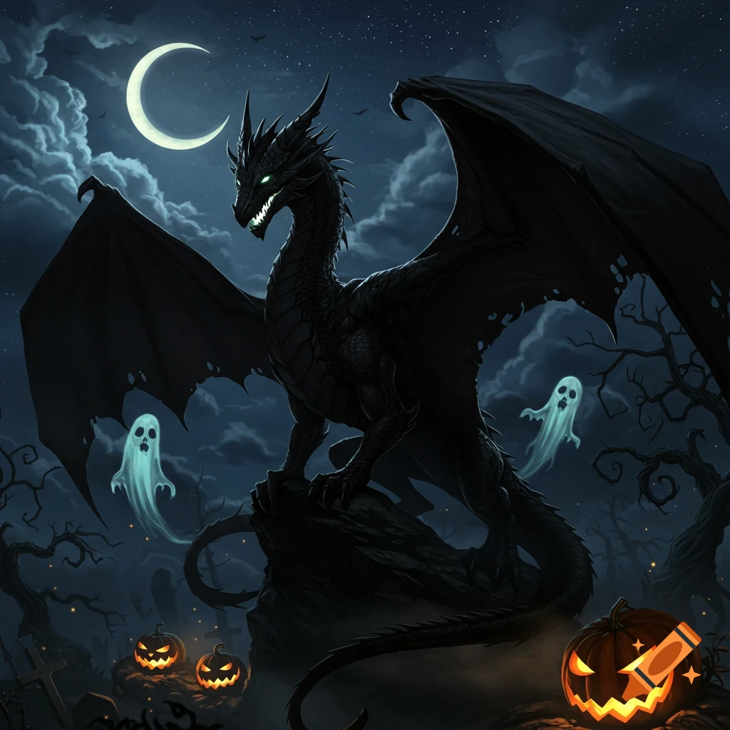 A spooky black dragon with glowing eyes stands in a graveyard under a crescent moon, with two ghosts and three glowing jack-o'-lanterns.