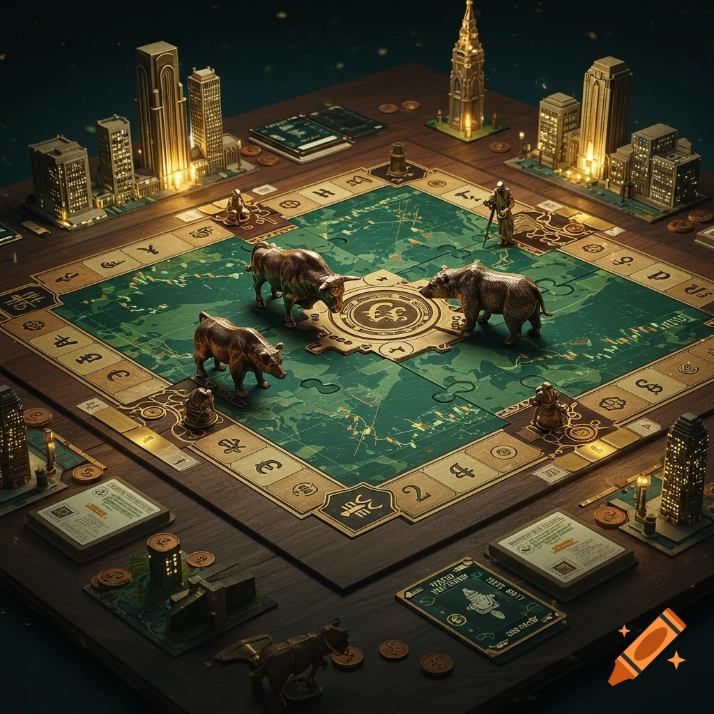 An elaborate board game with a stock market theme, featuring miniature skyscrapers, metallic bull and bear pieces, and currency symbols on a green map board.