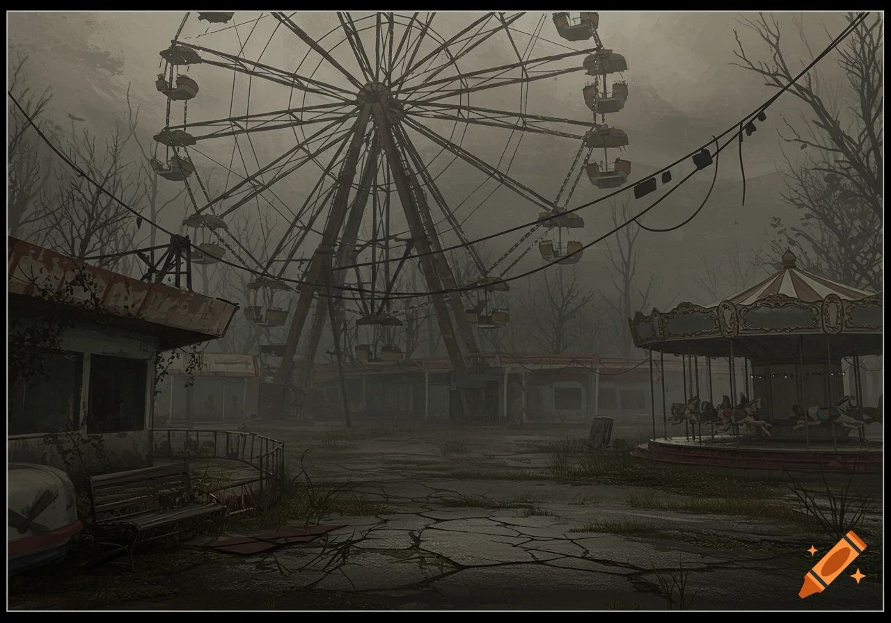 An abandoned amusement park shrouded in fog, featuring a large, rusty Ferris wheel and a dilapidated carousel, in an eerie, desaturated style.