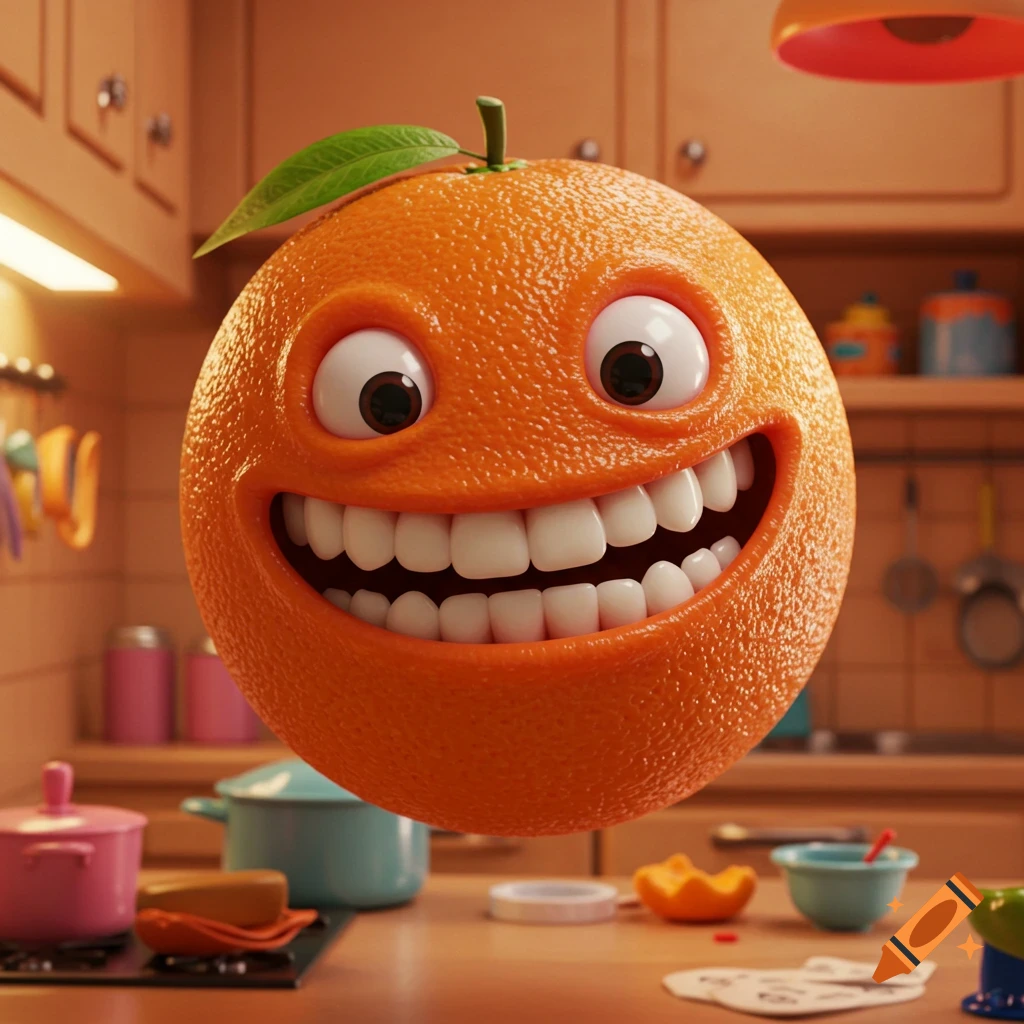 A smiling, animated orange with big eyes and a wide grin floats in a kitchen setting with various kitchenware.