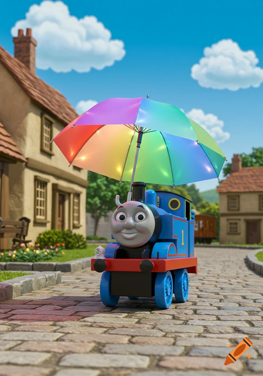Thomas the Tank Engine smiles on a cobbled street, holding a glowing rainbow umbrella, with village houses in the background.