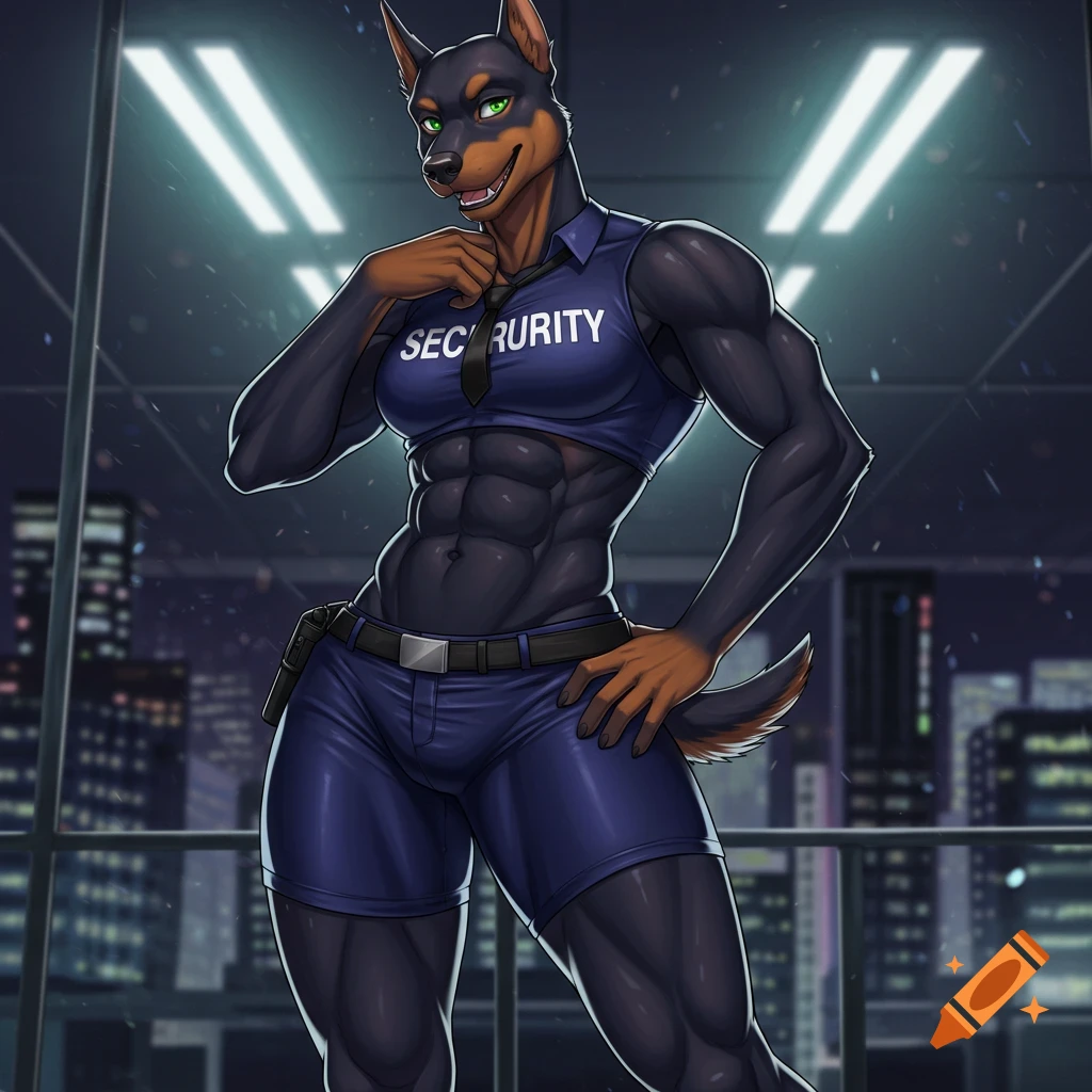 Muscular anthropomorphic Doberman in a security crop top and shorts, smiling mischievously, against a night city backdrop in anime style.