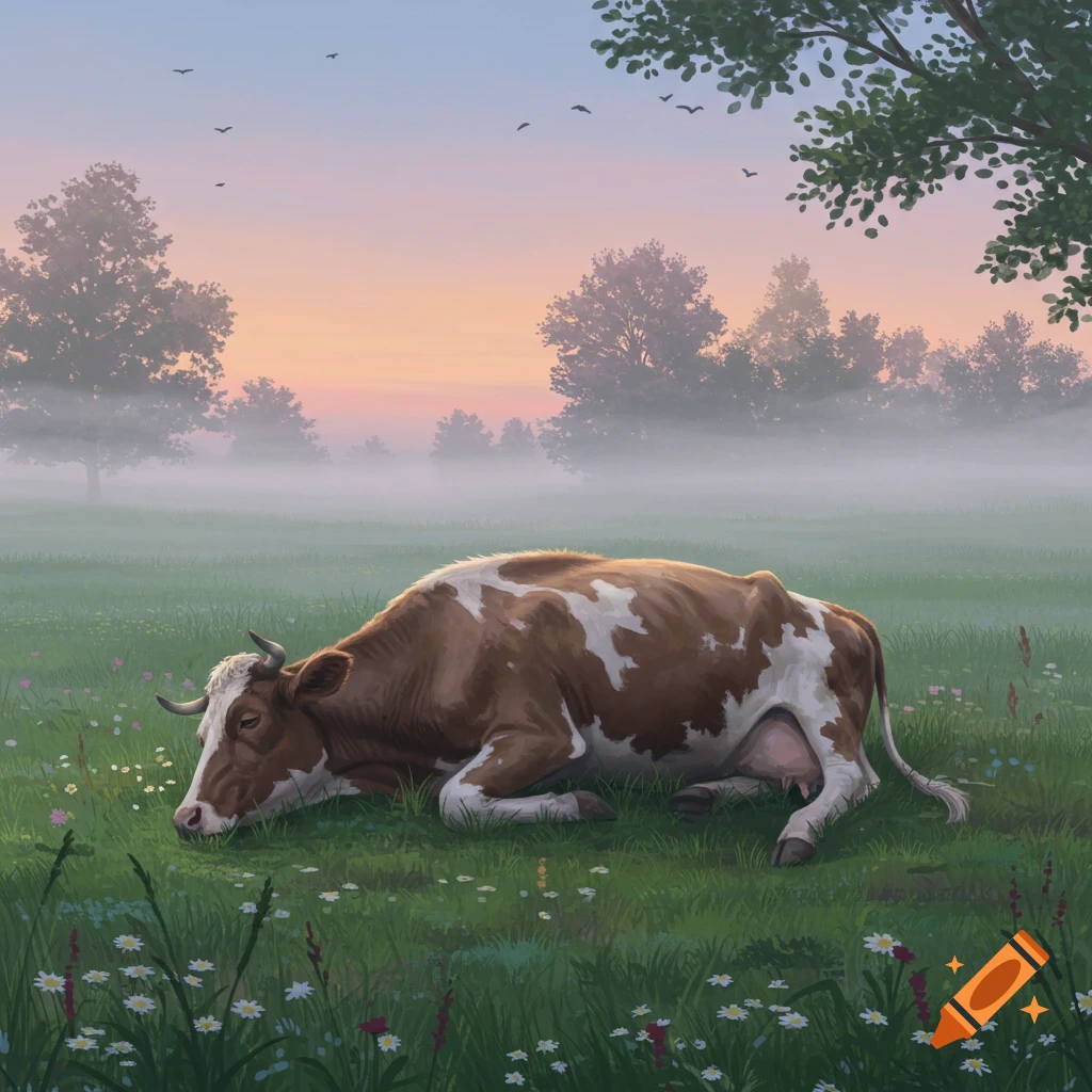 A brown and white cow lies peacefully in a green meadow with wildflowers, under a misty sky at dawn or dusk.