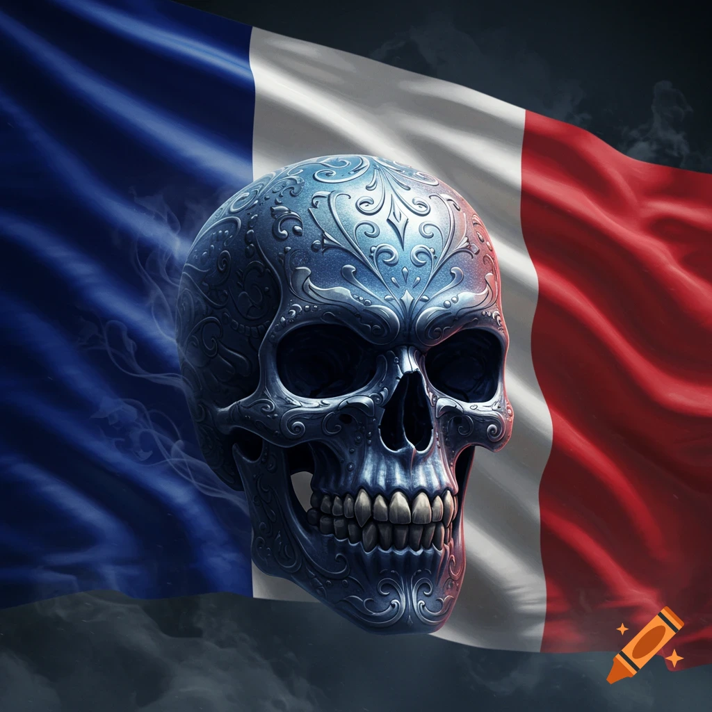 A highly detailed, ornate metallic skull against a waving French flag.