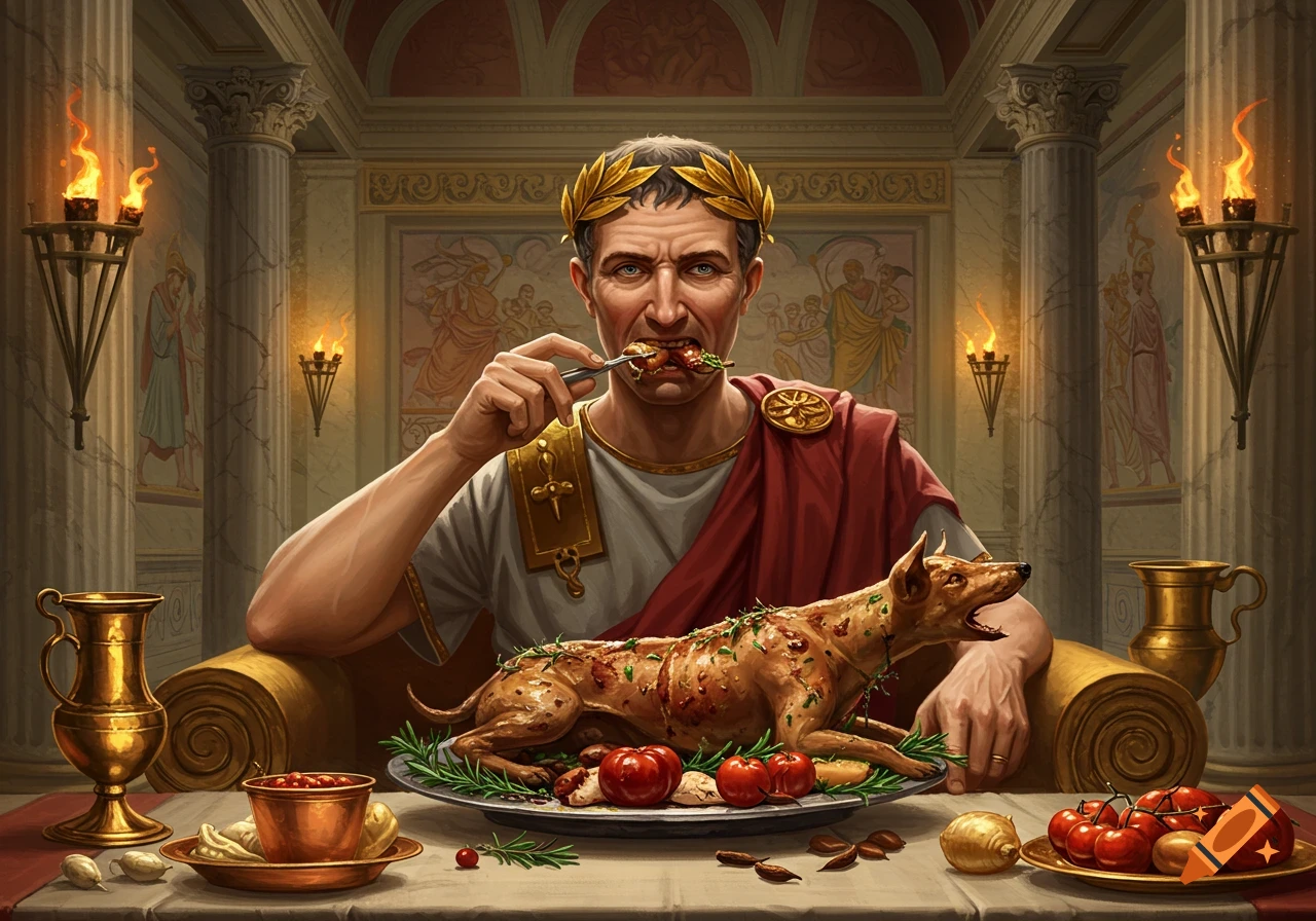 A Roman figure resembling Julius Caesar dines on a roasted dog in a grand Roman hall.