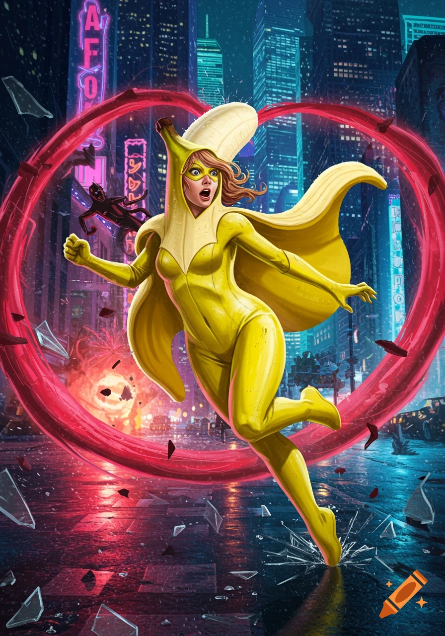 A female superhero in a yellow banana costume and cape runs through a dark, rainy cyberpunk city, with a red glowing ring and shattered glass.