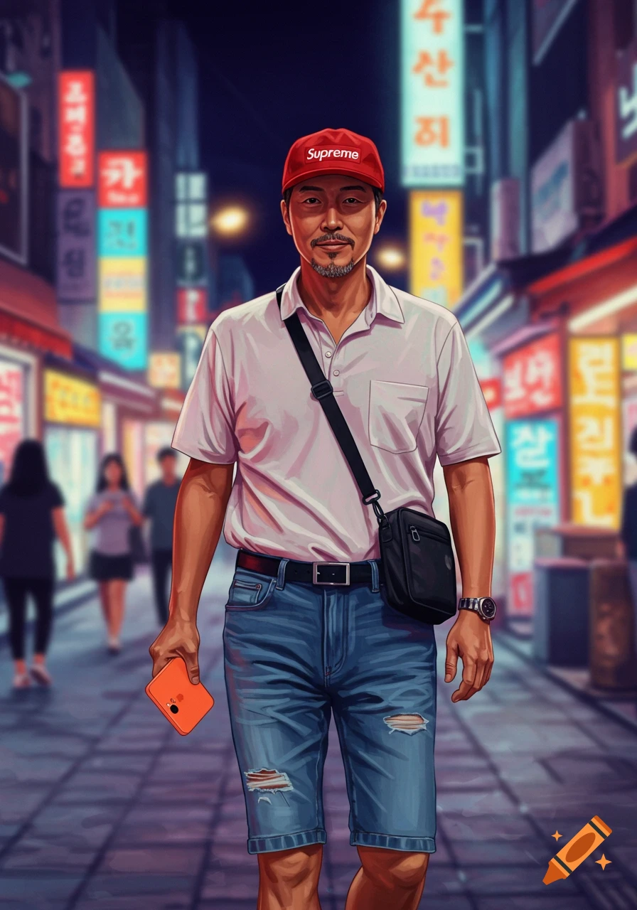 A stylized illustration of a Korean man in a red Supreme hat, white polo, and ripped shorts, walking down a neon-lit city street at night.