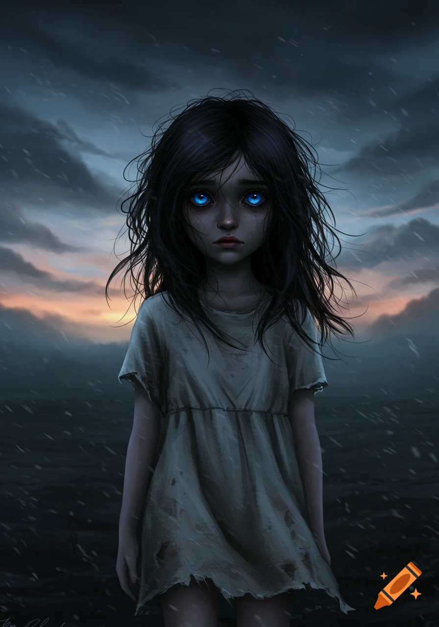 A dark fantasy art portrait of a sad girl with glowing blue eyes and disheveled hair, wearing a tattered dress in the rain.