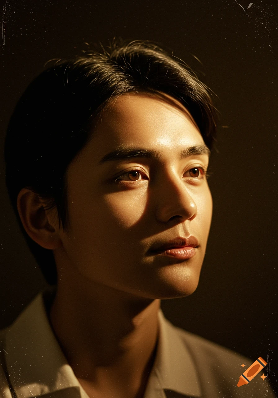 Close-up portrait of a young man with dark hair, looking up, bathed in warm golden light, with a film grain effect.