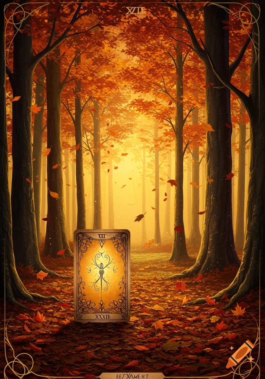 A vibrant fantasy artwork of an autumn forest with golden-orange leaves and falling foliage. A glowing tarot card stands on the forest floor.
