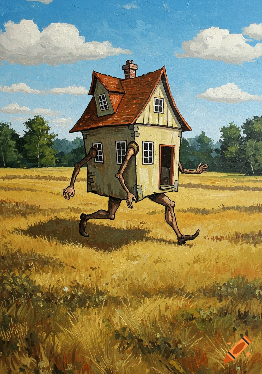 An oil painting of a whimsical house with human arms and legs running through a golden field under a blue sky with clouds, a forest in the distance.