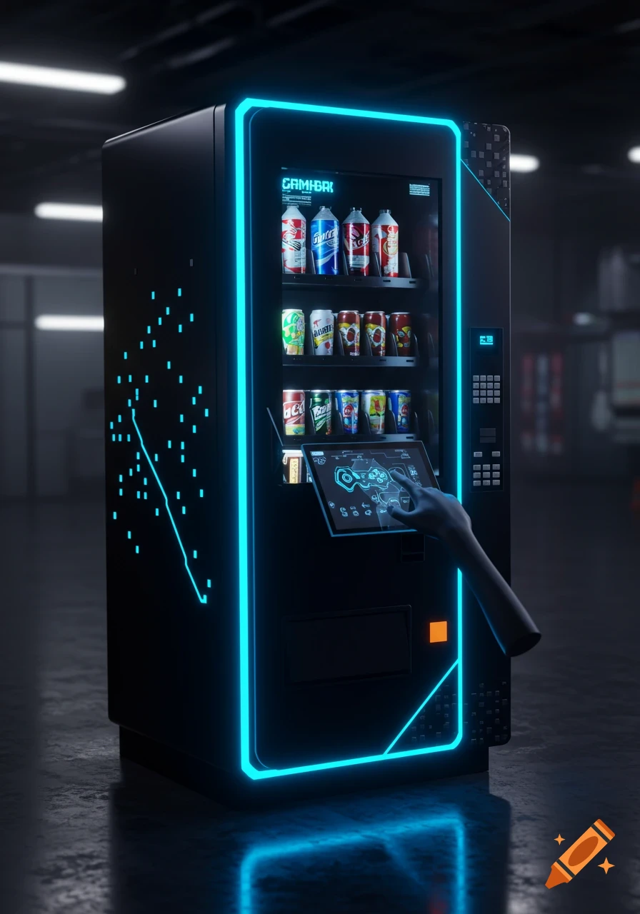 A futuristic black vending machine with neon blue lights, displaying various soda cans, with a stylized hand interacting with a touchscreen in a dark room.