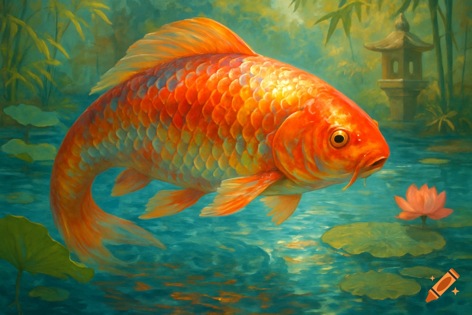 A large orange koi fish swims in a tranquil teal pond with green lily pads, a pink lotus, and a stone lantern in a lush green background, in a vibrant painting style.