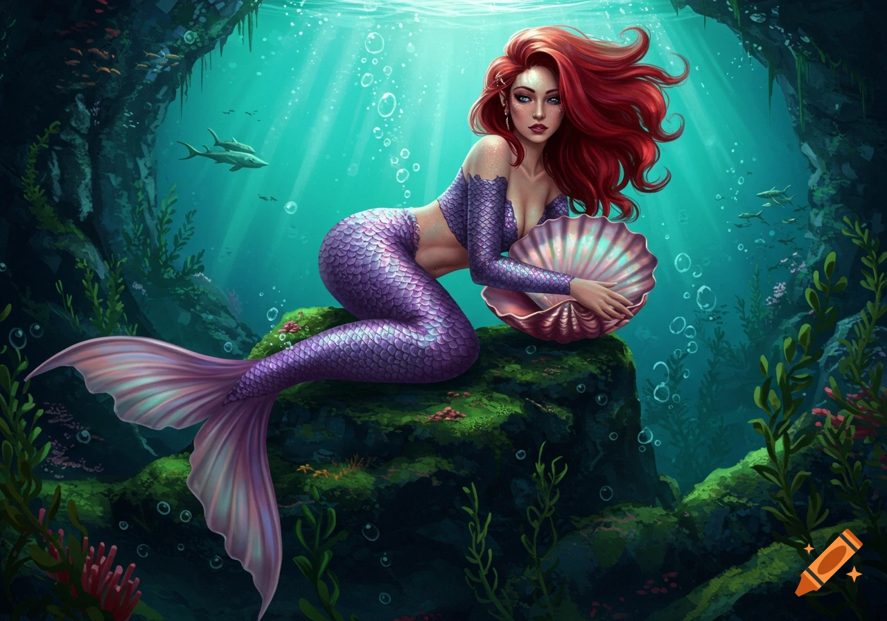 A red-haired mermaid with a purple tail and top reclines on a mossy rock underwater, holding a large seashell.