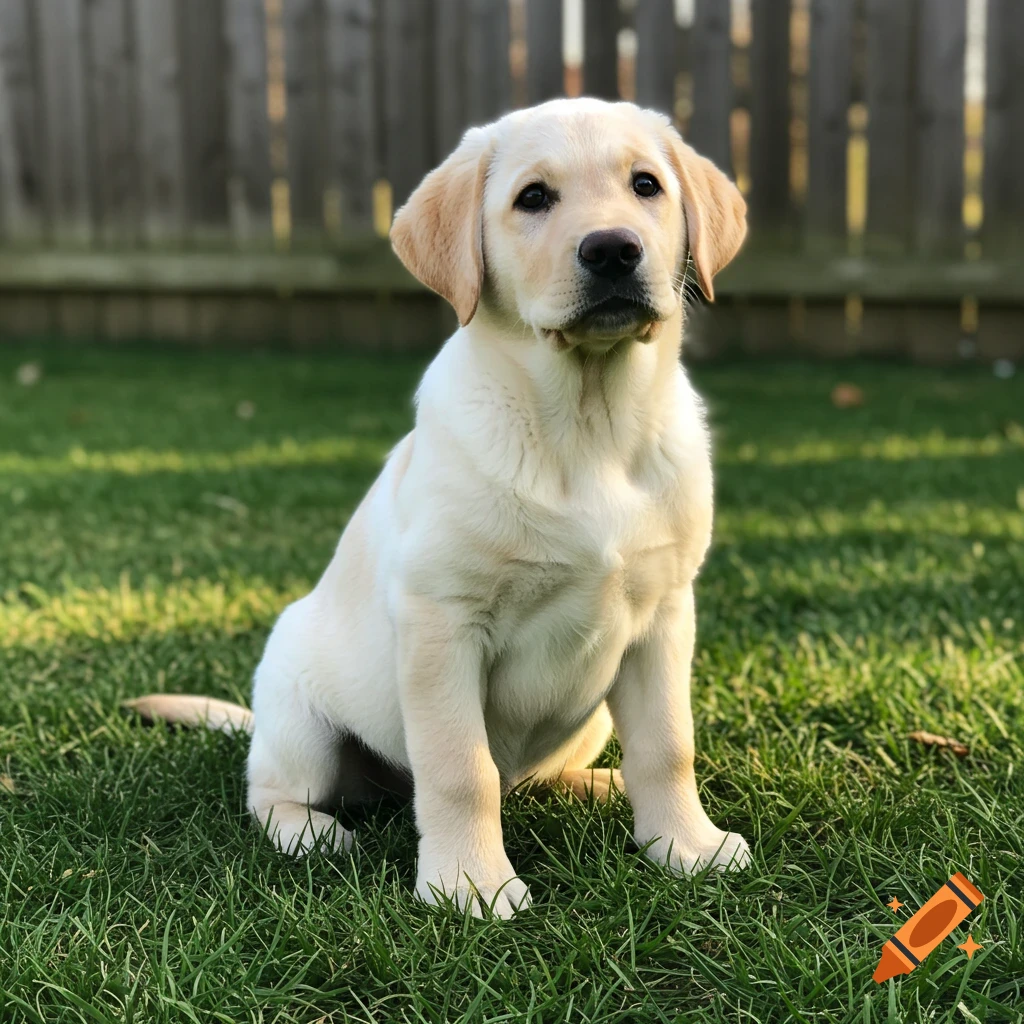 A light yellow Labrador Retriever puppy sits on green grass with a wooden fence in the background.