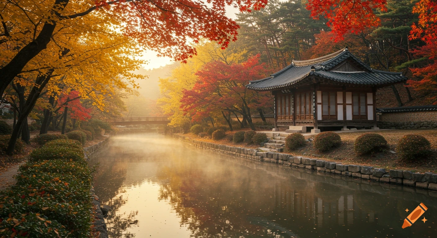 A serene traditional Korean hanok building with a dark tiled roof sits by a calm, misty river, surrounded by vibrant red, orange, and yellow autumn foliage during golden hour.