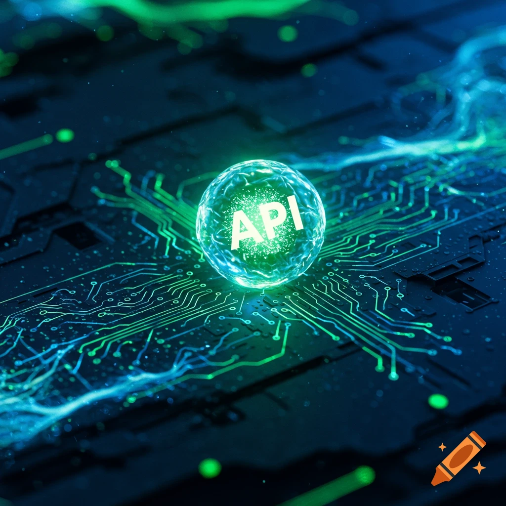 A glowing green orb with the text "API" at its center, surrounded by intricate green light trails on a dark circuit board.