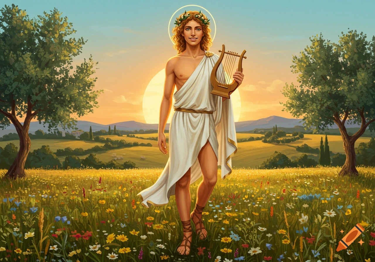 A smiling teenage Apollo with curly golden hair and a laurel wreath halo walks through a colorful wildflower meadow at sunset, holding a golden lyre, wearing a white toga and sandals.