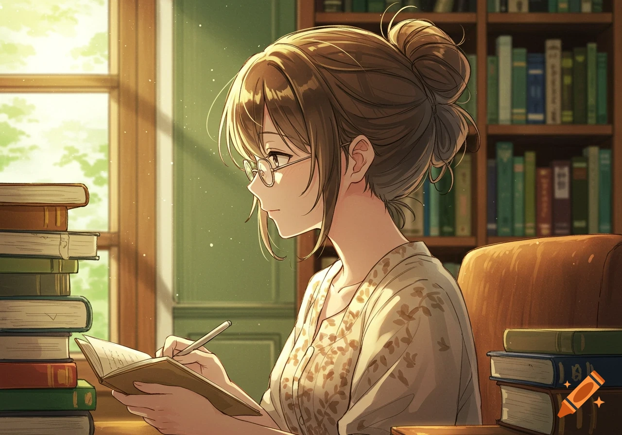 Anime girl with glasses and a bun writing in a book at a sunlit desk with stacked books and a bookshelf in the background.