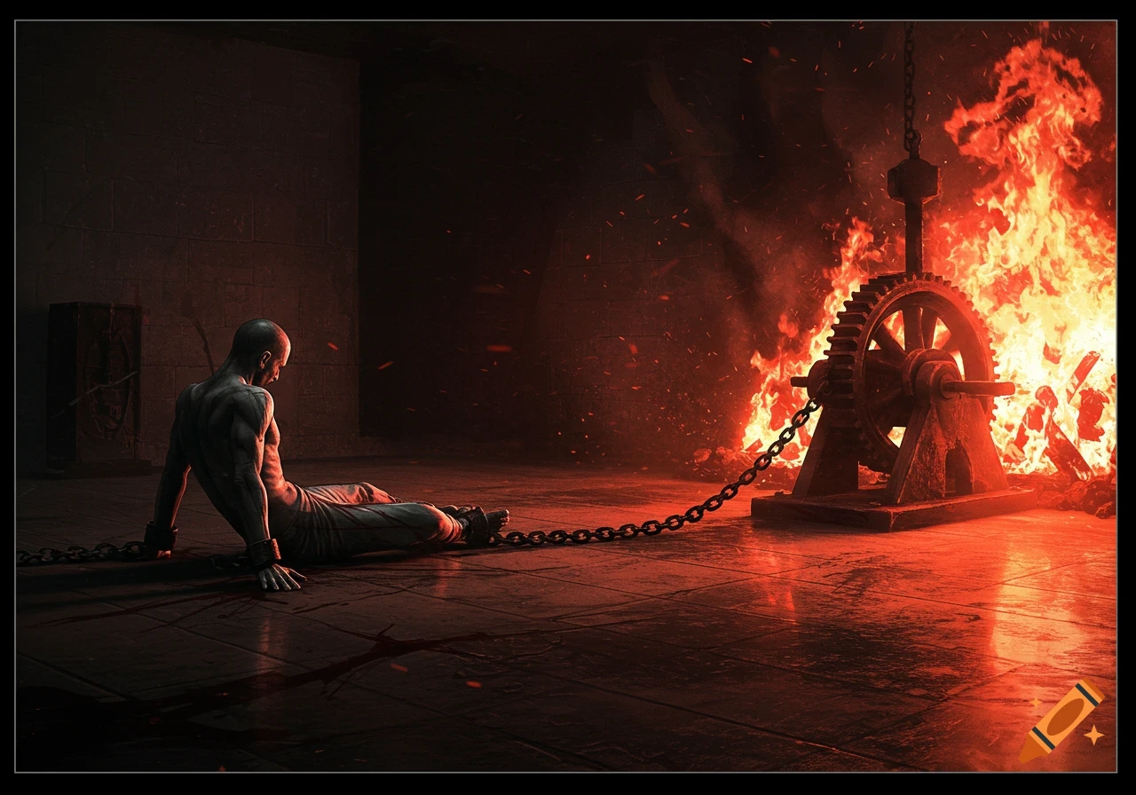 A muscular man, chained to a large gear, sits on a dark floor, illuminated by a blazing wall of fire in a dramatic, hyper-realistic style.
