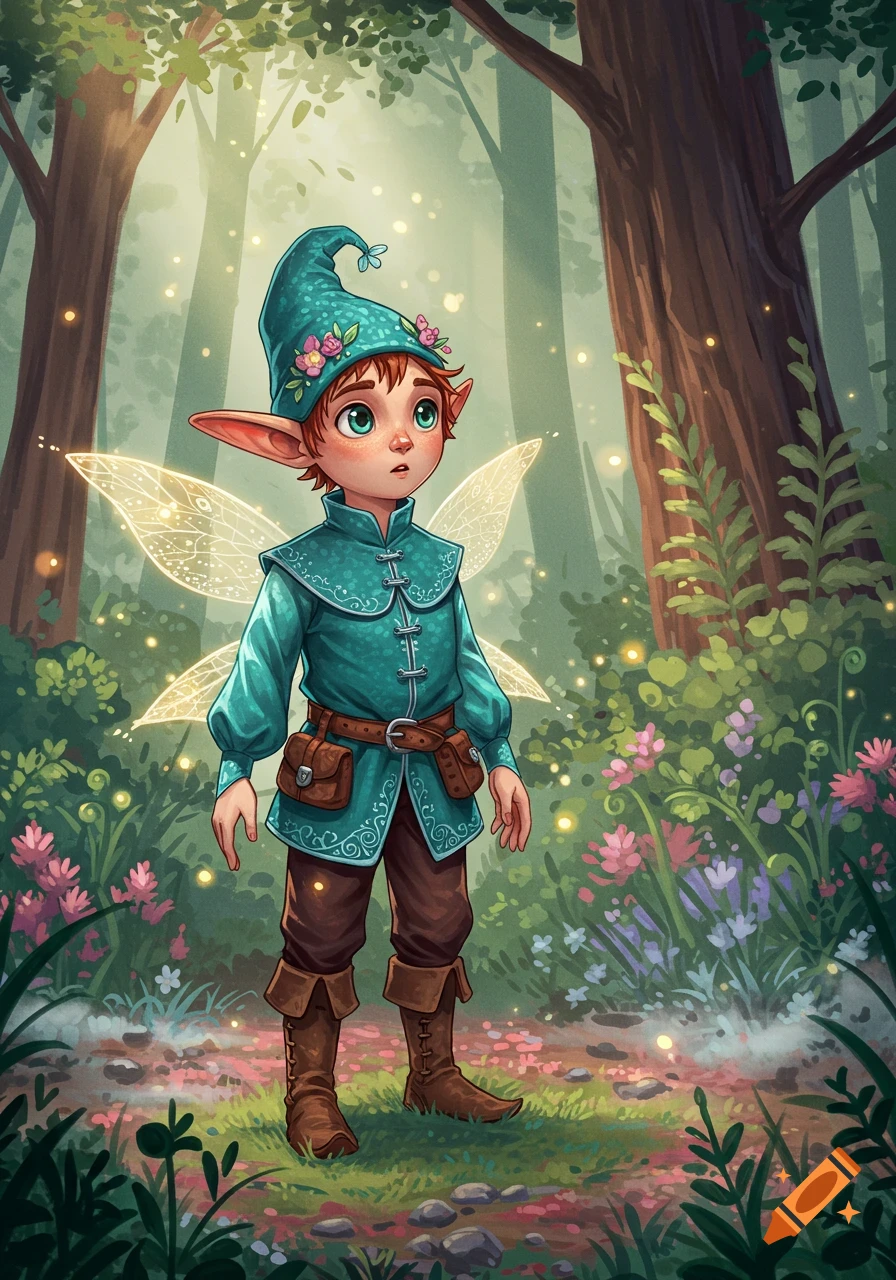 A cute elf-like character with pointed ears and glowing wings, wearing a teal outfit, stands in a magical, glowing forest.