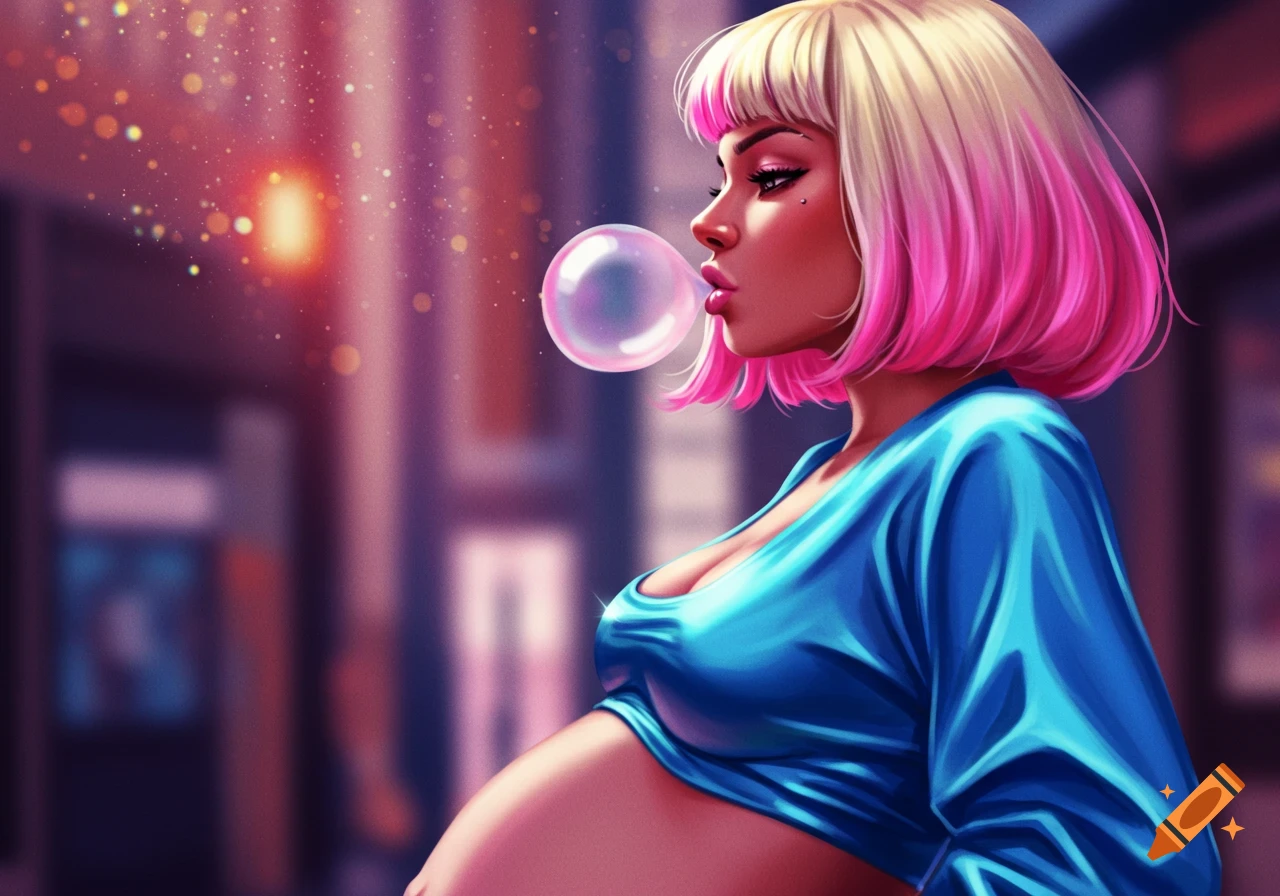 Stylized digital art of a pregnant woman with pink and blonde hair blowing a bubblegum bubble.