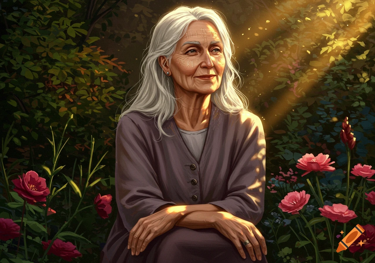 A wise elderly woman with long white hair and facial markings sits in a sunny garden with pink flowers, in a digital painting.