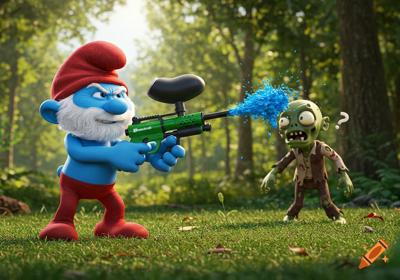 Angry Papa Smurf shoots a surprised zombie with a blue paintball in a lush forest.