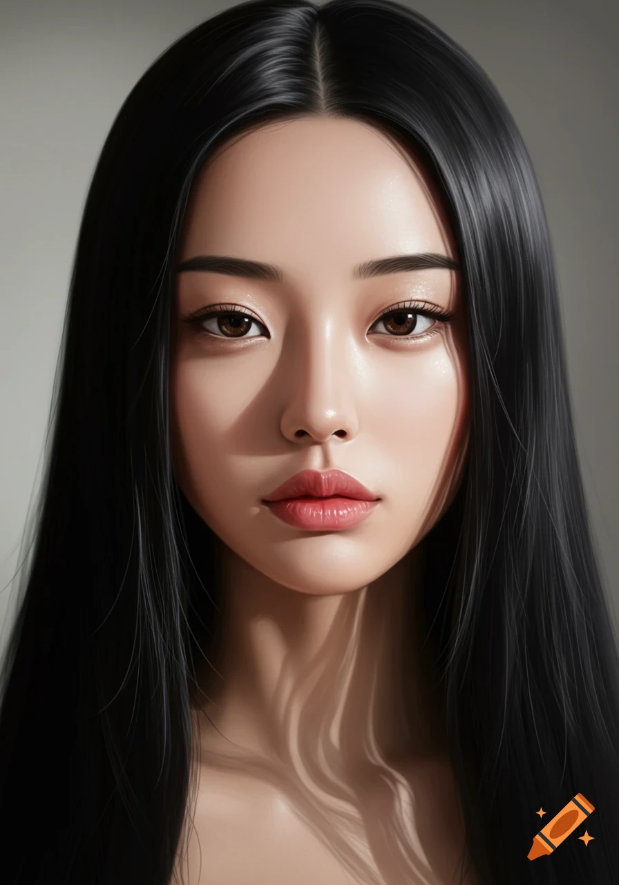 Close-up portrait of a woman with long black hair, fair skin, and dark eyes.