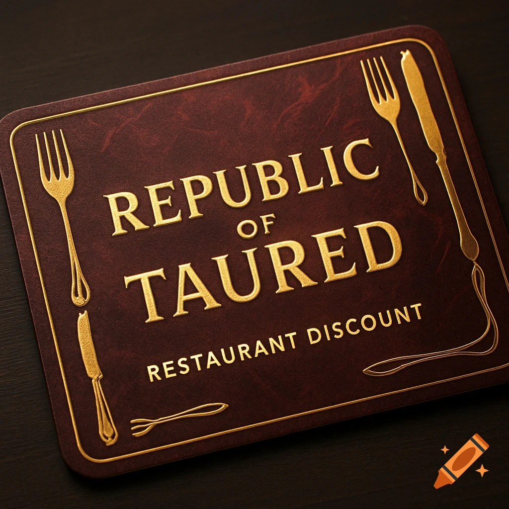 A luxurious brown discount card with gold embossed text 'REPUBLIC OF TAURED RESTAURANT DISCOUNT' and stylized gold cutlery.