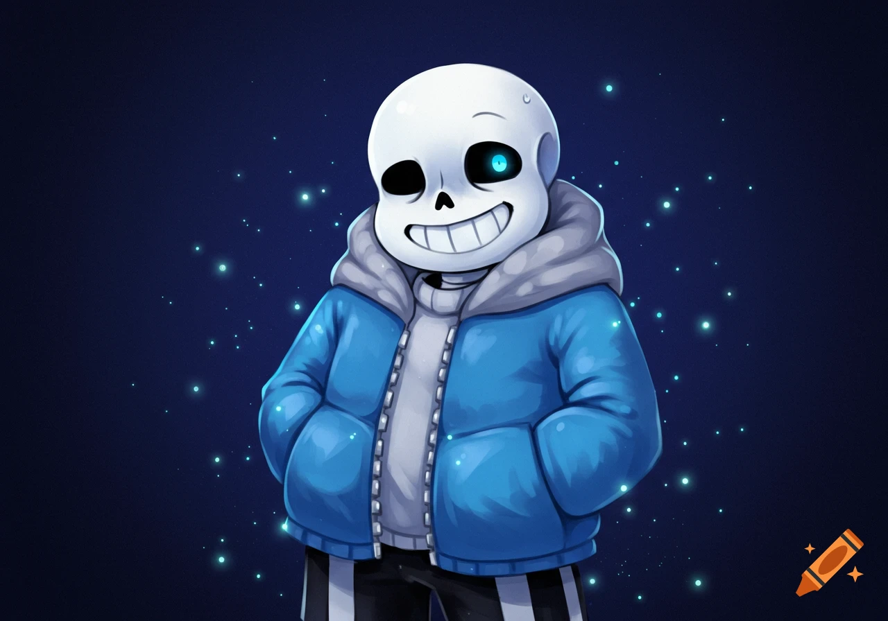 Sans the skeleton from Undertale, wearing a blue hoodie, with a glowing blue eye, smiling against a starry dark blue background.