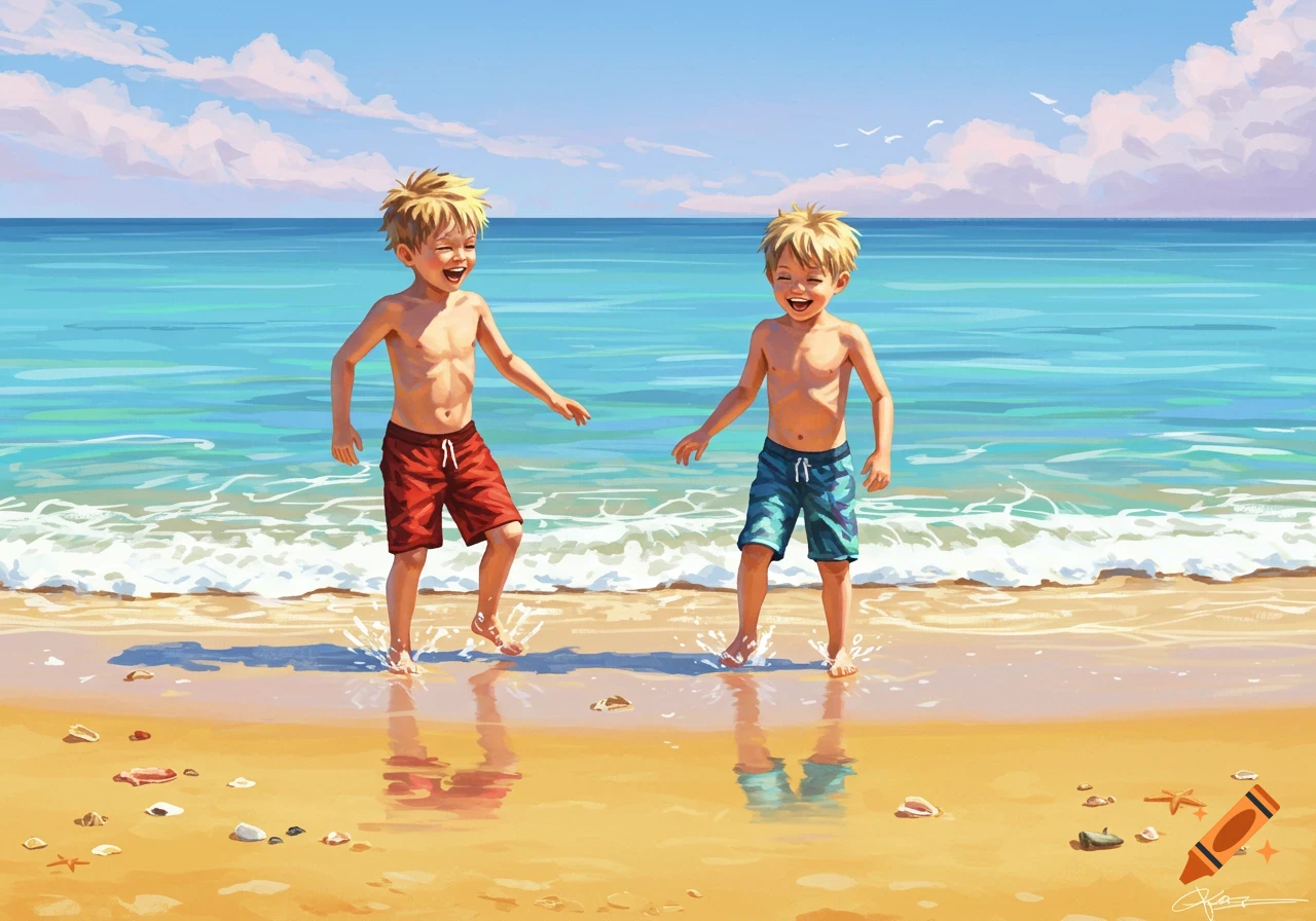 Two blonde boys in swim shorts laugh and splash in the shallow waves on a sunny beach, digital painting.