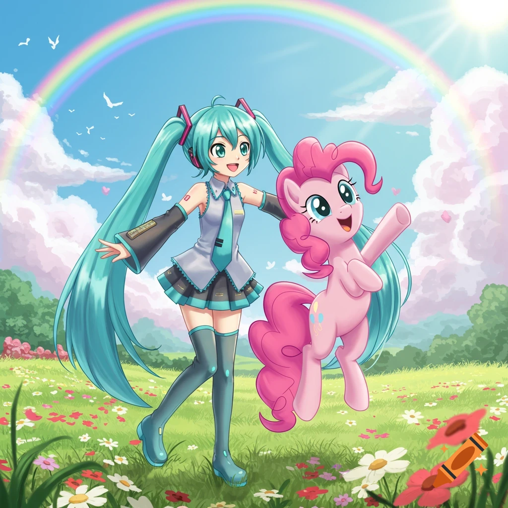 A cheerful anime girl with long turquoise pigtails, Hatsune Miku, stands in a flower-filled meadow next to a pink cartoon pony, Pinkie Pie, with a rainbow arching overhead under a sunny blue sky.