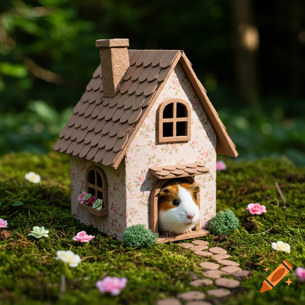 A guinea pig peeks out of a tiny, floral-patterned cottage made of cardboard and paper mache on mossy ground.