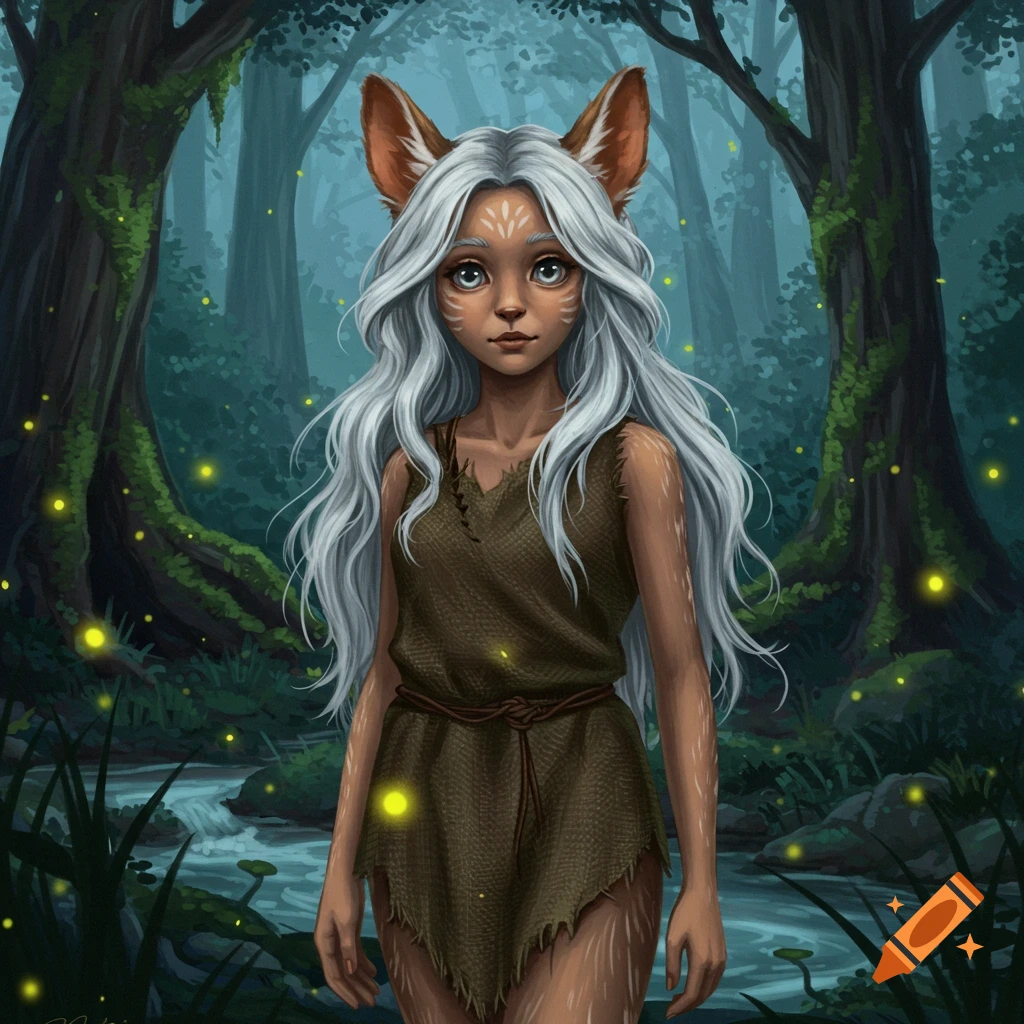 A fantasy illustration of a young fox girl with white hair and brown ears, wearing a tunic, standing in a magical forest with glowing fireflies.