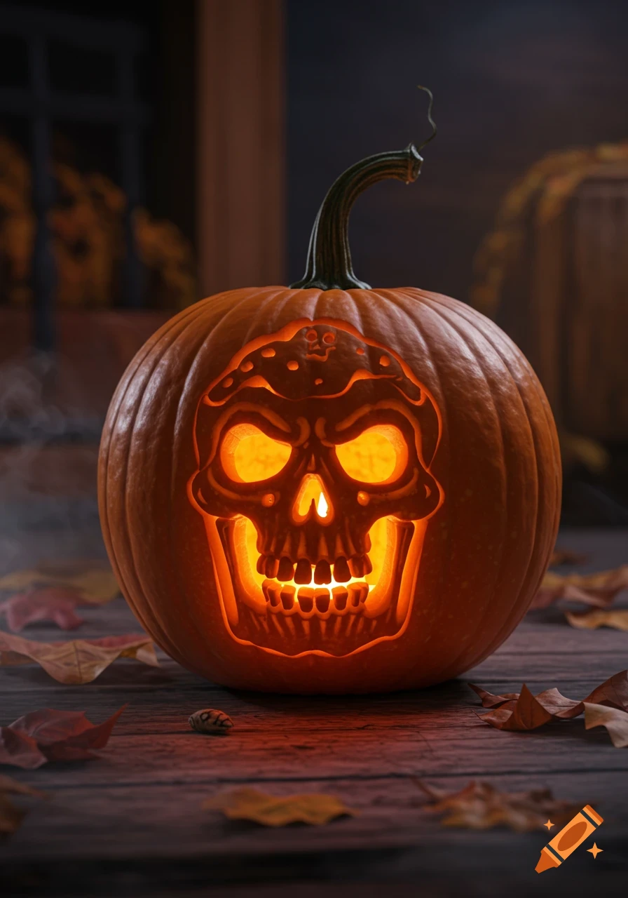 Photorealistic carved Halloween pumpkin with a glowing skull design, set on a wooden surface with autumn leaves.