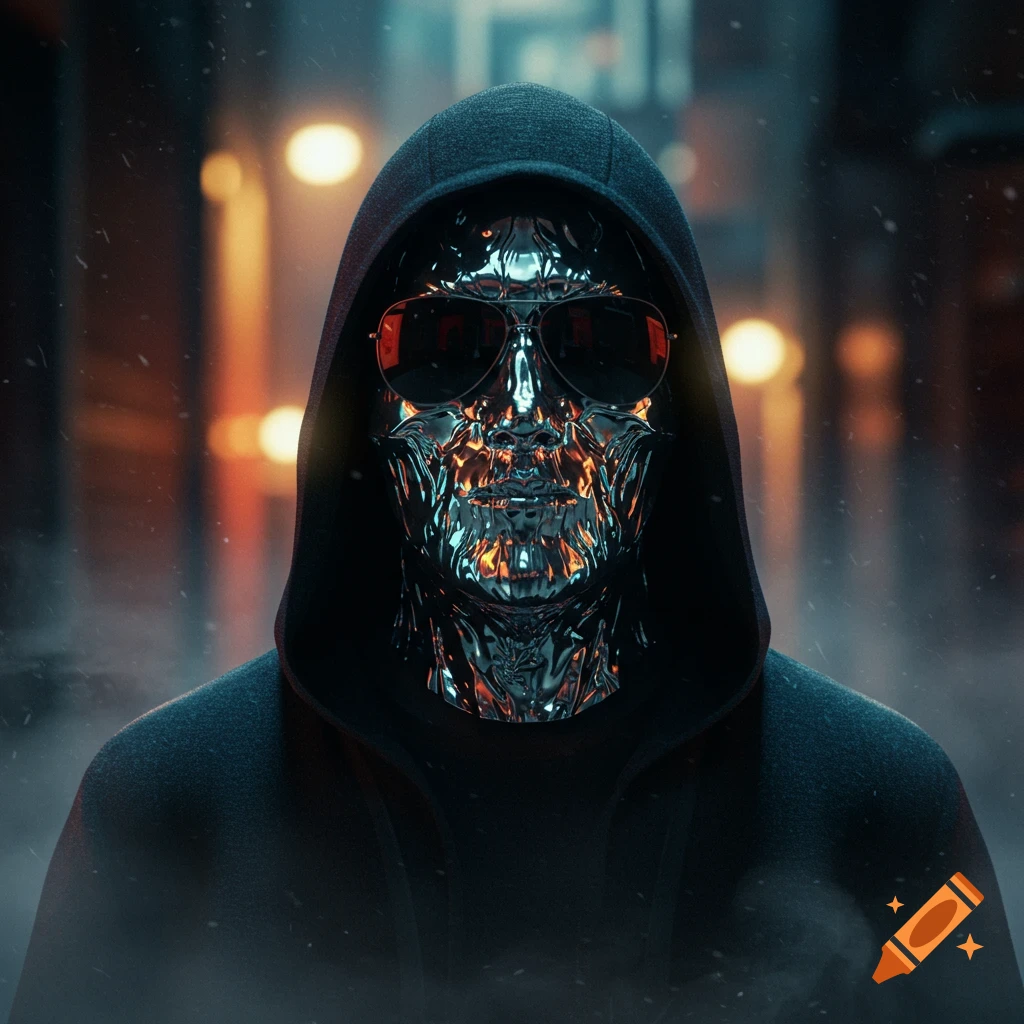 A figure in a black hoodie wears a reflective metallic skull mask and sunglasses on a blurry city street.