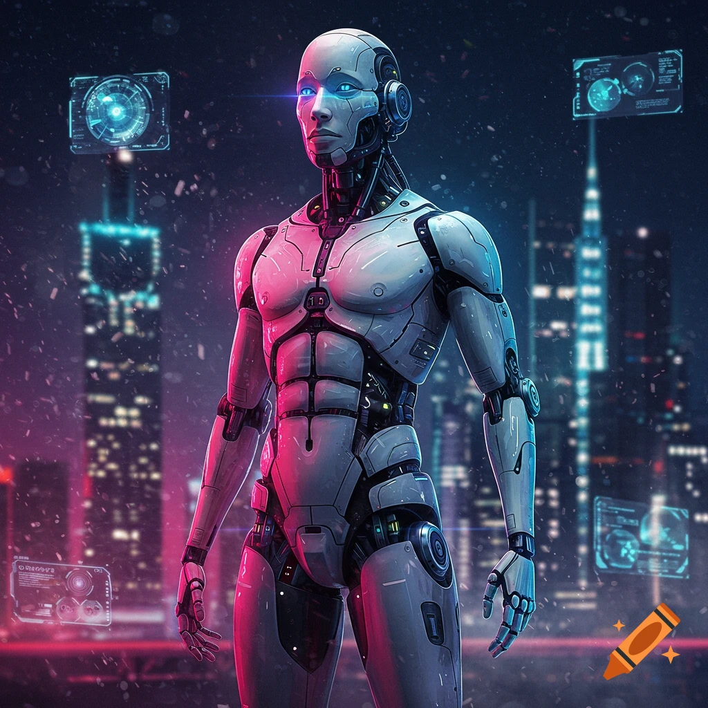 A futuristic white and black robot stands in a neon-lit cyberpunk city, with holographic displays floating around it.