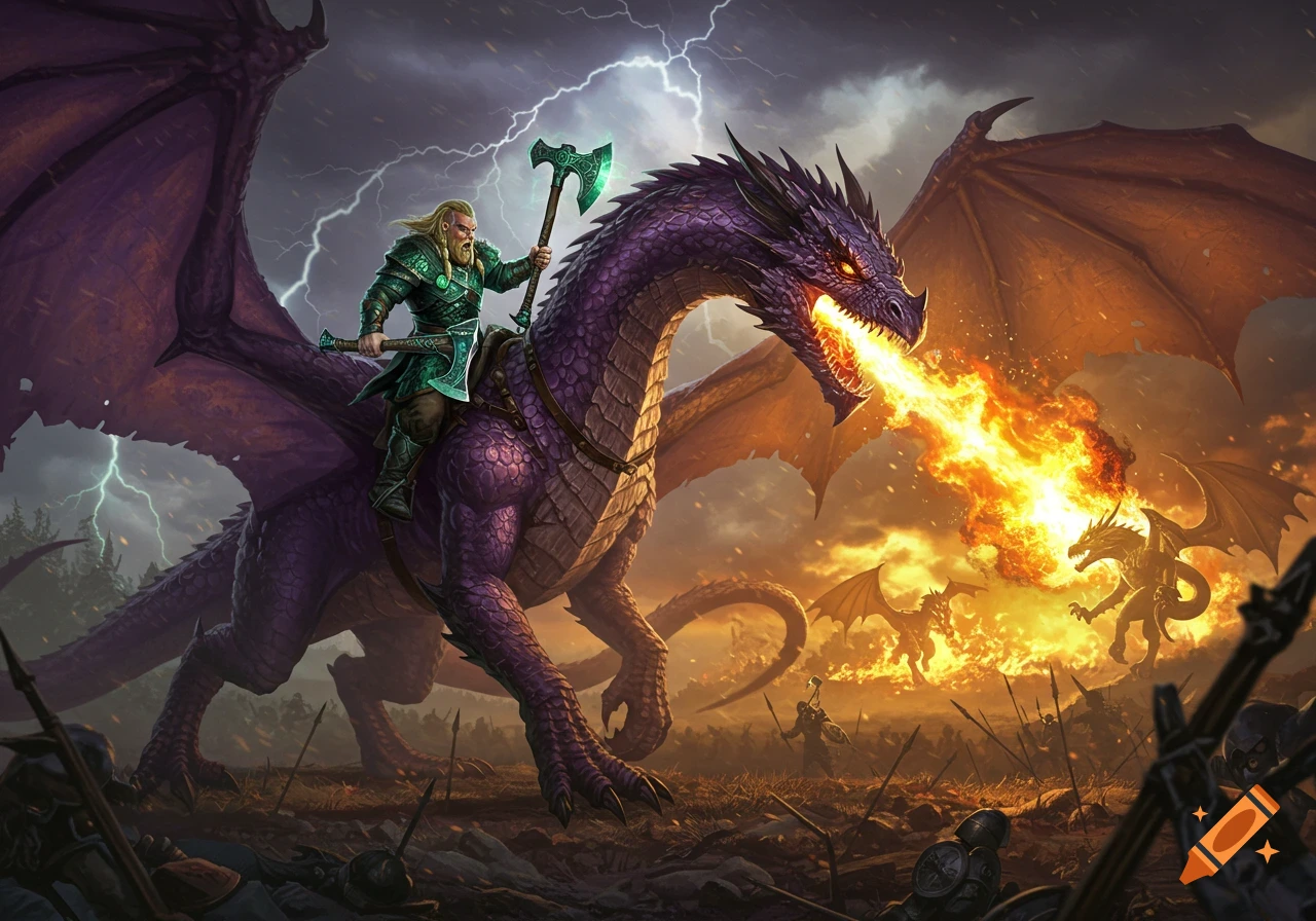 A Viking warrior in emerald armor on an amethyst purple dragon breathing fire in a stormy battlefield against other dragons.