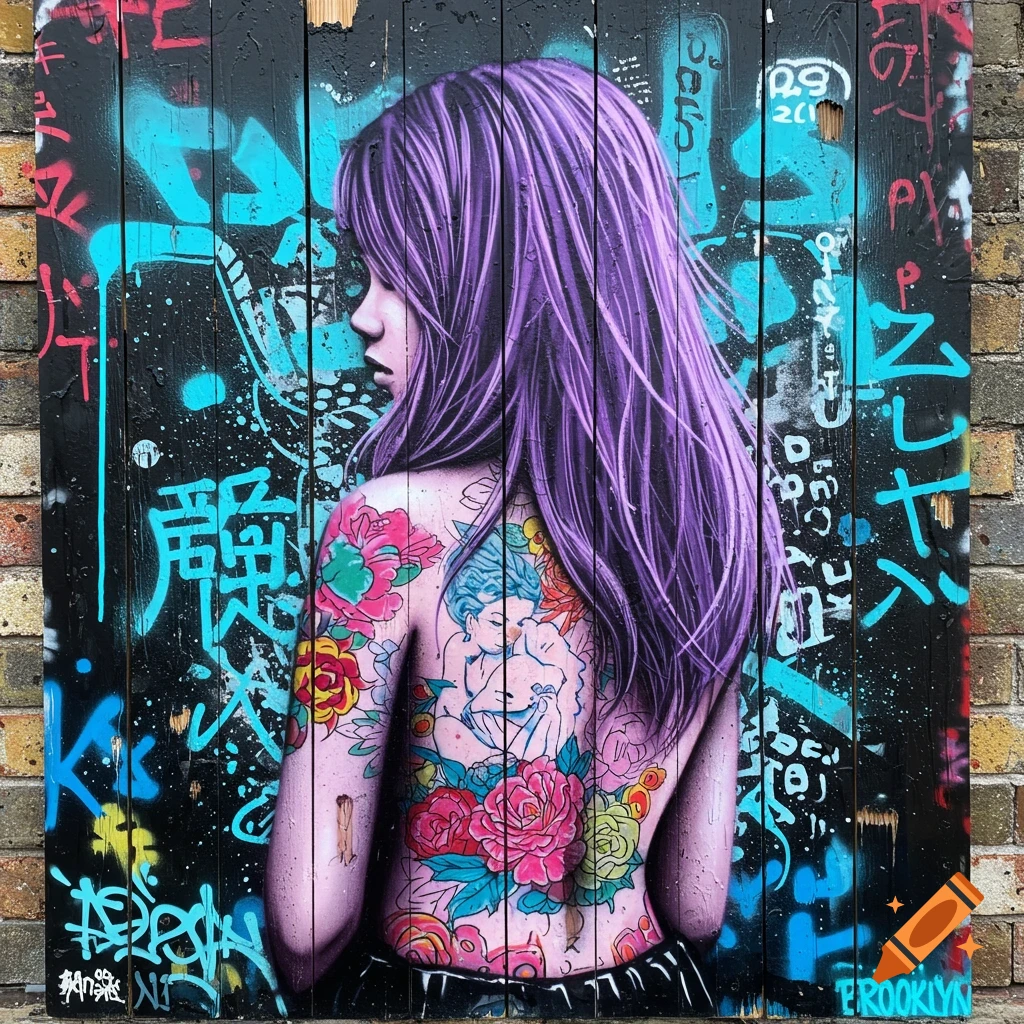 Vibrant street art painting of a girl with lavender hair and a back tattoo on a graffiti-covered wooden fence.