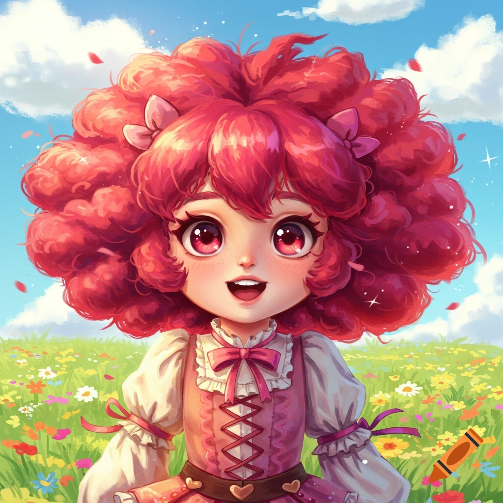 A cute, smiling anime girl with fluffy red hair and big red eyes in a colorful flower field under a blue sky.