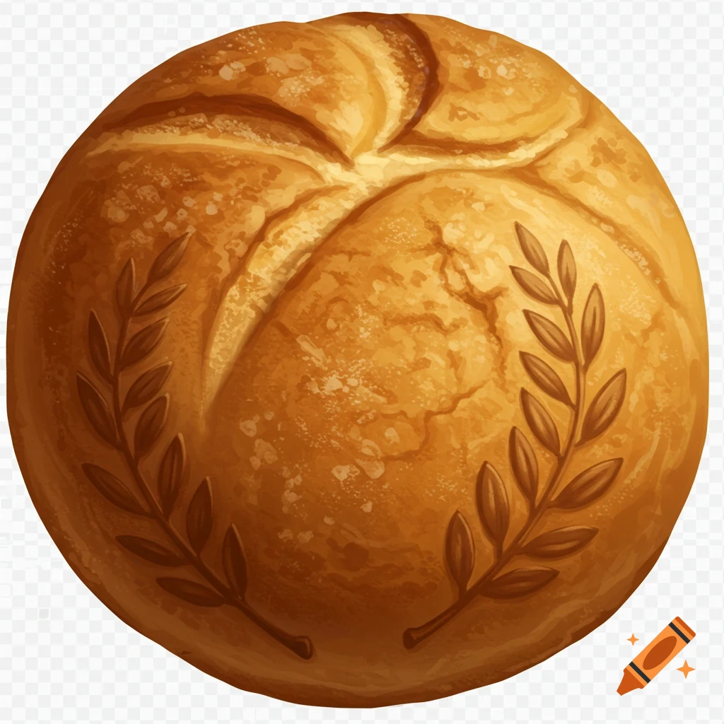 A round, golden-brown bread roll with a cross-shaped score and embossed olive branches, on a transparent background.