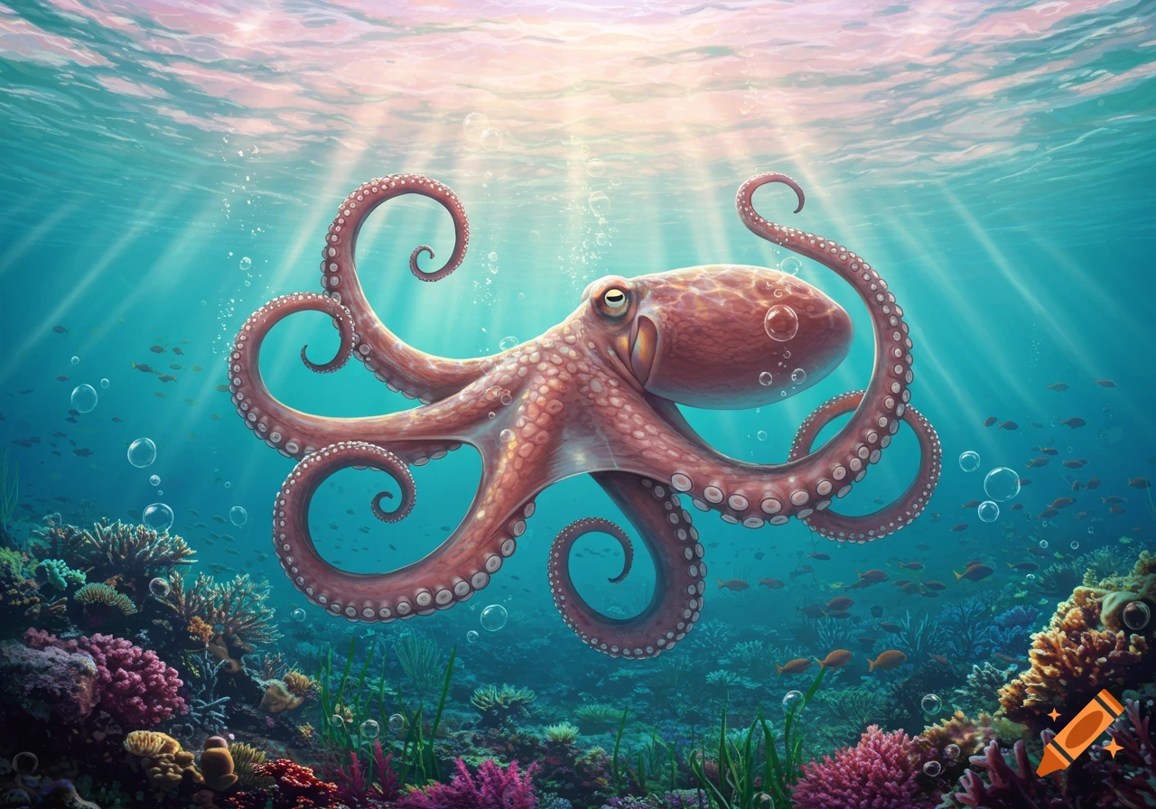 A vibrant illustration of a large red octopus swimming among colorful coral and small fish in a sunlit underwater scene.