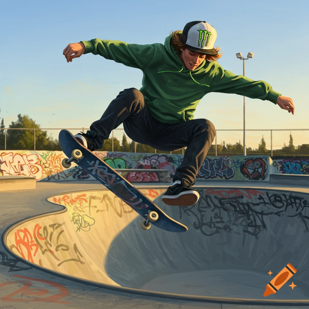 Illustrated young man in a green hoodie and Monster hat airborne on a skateboard in a graffiti-filled skatepark.