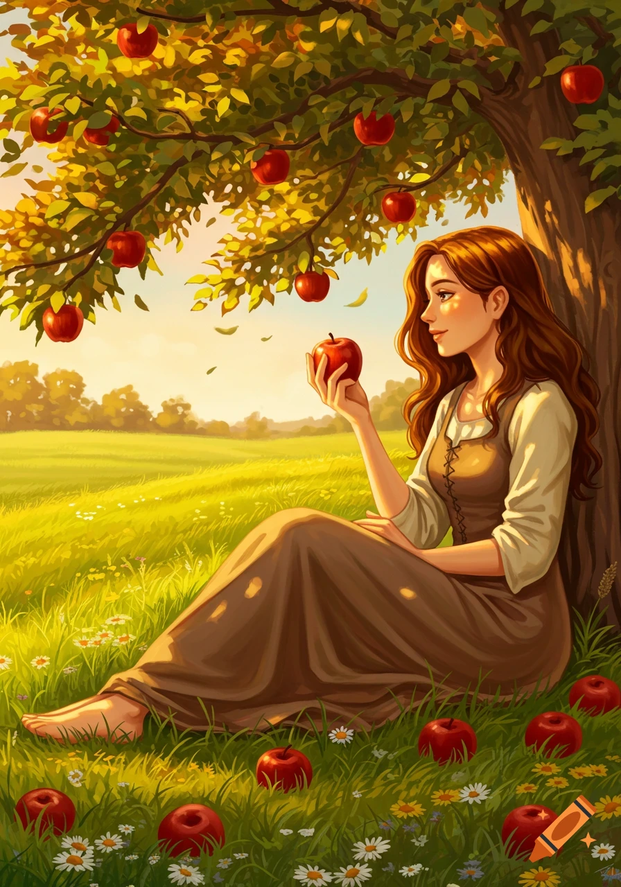 A long-haired woman in a brown dress sits barefoot under an apple tree in a sunny field, holding an apple, in an illustrative style.