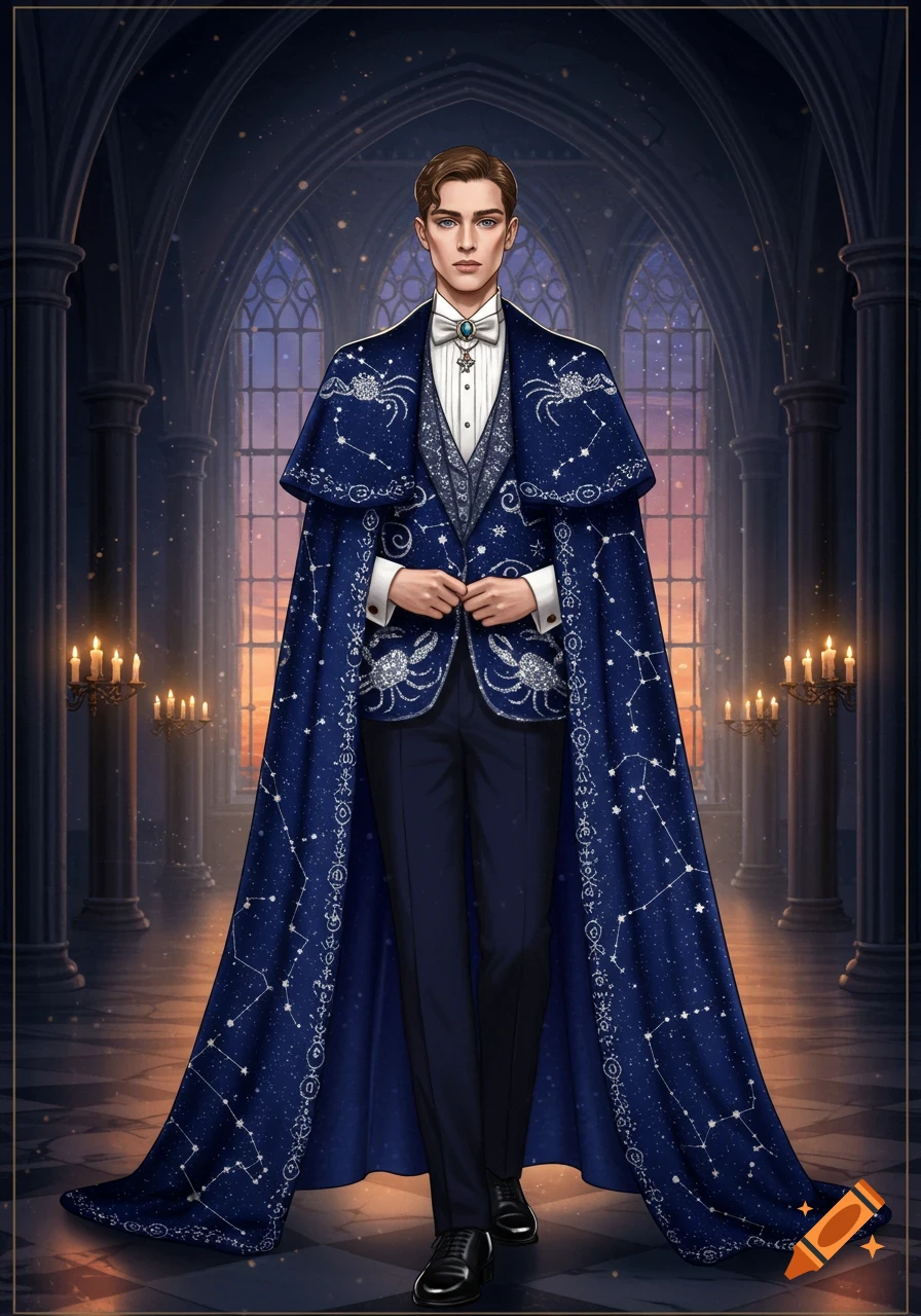 A man in a dark blue, constellation-patterned suit and cape stands in a gothic hall with candelabras and arched windows.