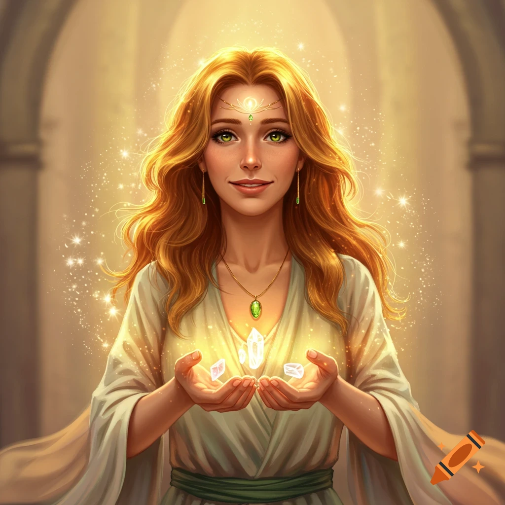 A warm, smiling woman with long golden-copper hair and green eyes holds glowing crystals in her cupped hands.