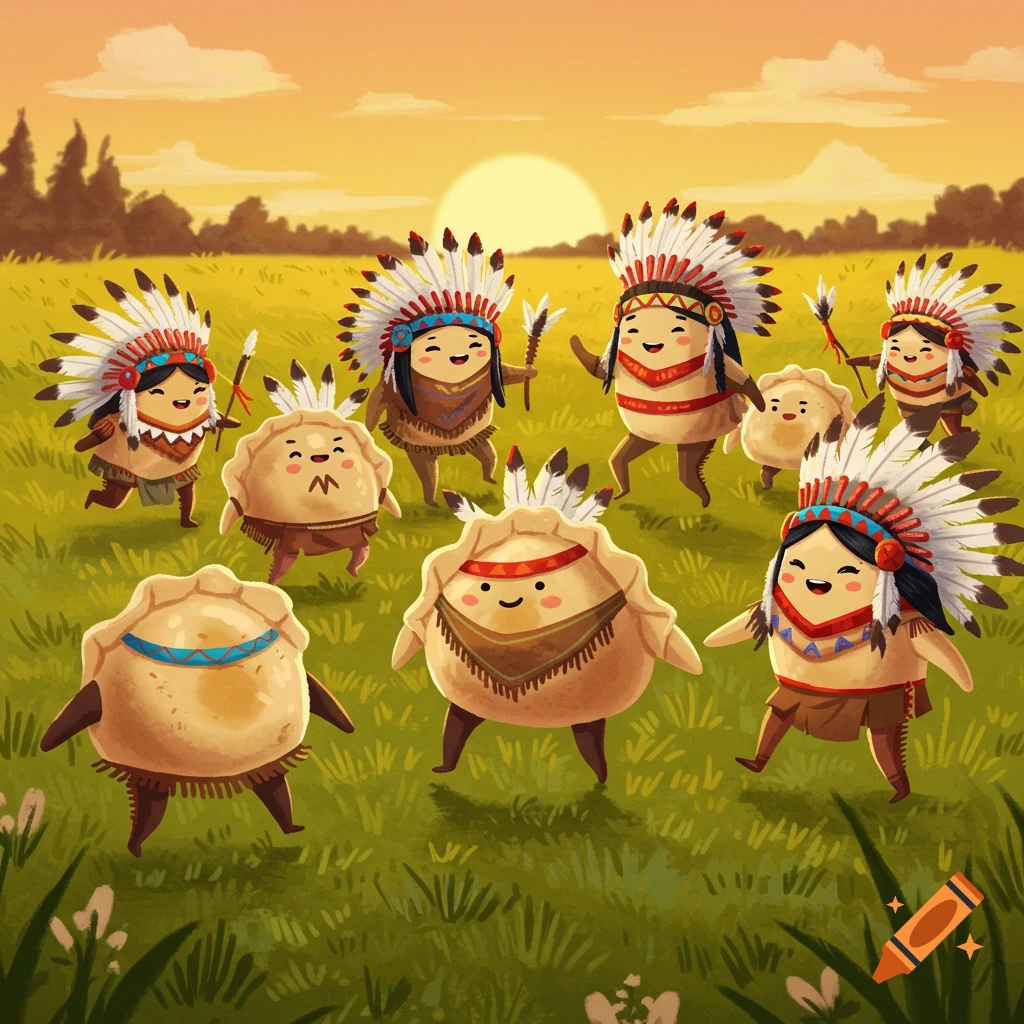 Cartoon gyozas dressed as Native American Indians with feathered headdresses dance in a grassy field at sunset.