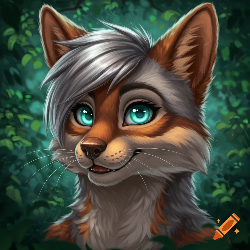 A stylized furry fox with bright blue eyes, white-grey hair, and orange-brown fur peeking through green foliage.